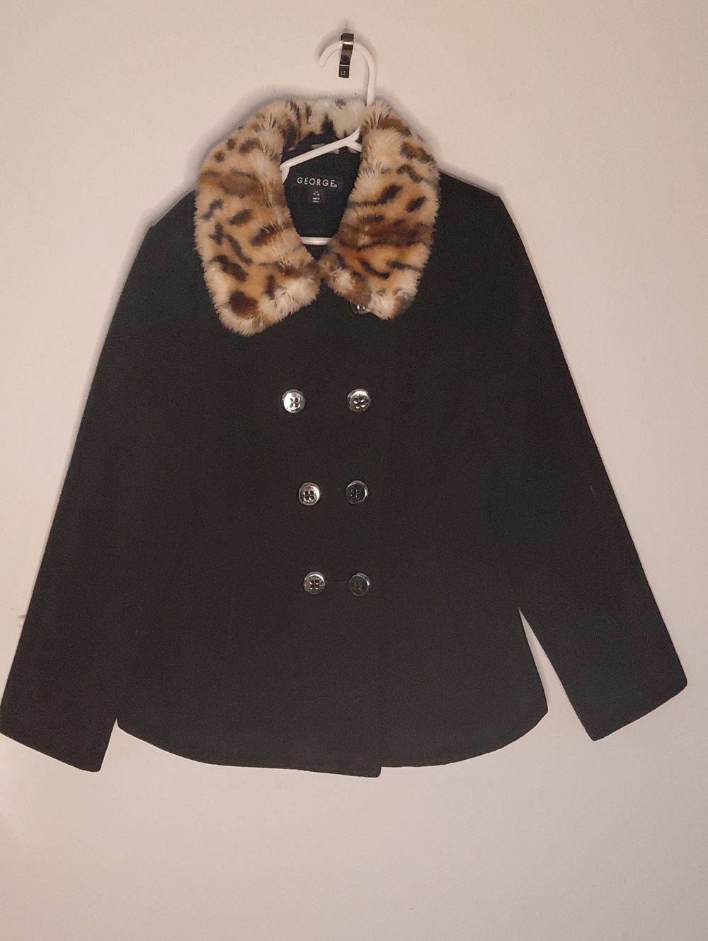 George Black Peacoat with Faux Leopard Collar